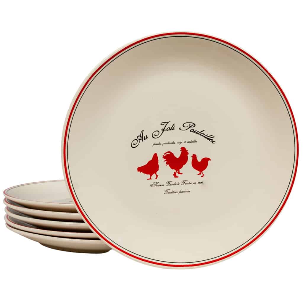 Set of 6 dinner plate, Round, 26 cm, Glossy Ivory decorated with red hens