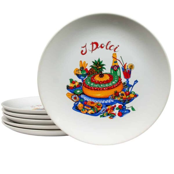 Set of 6 dinner plate, Round, 26 cm, Glossy White decorated with Idolci