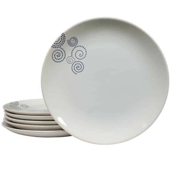 Set of 6 dinner plate, Round, 26 cm, Glossy White decorated with black spiral