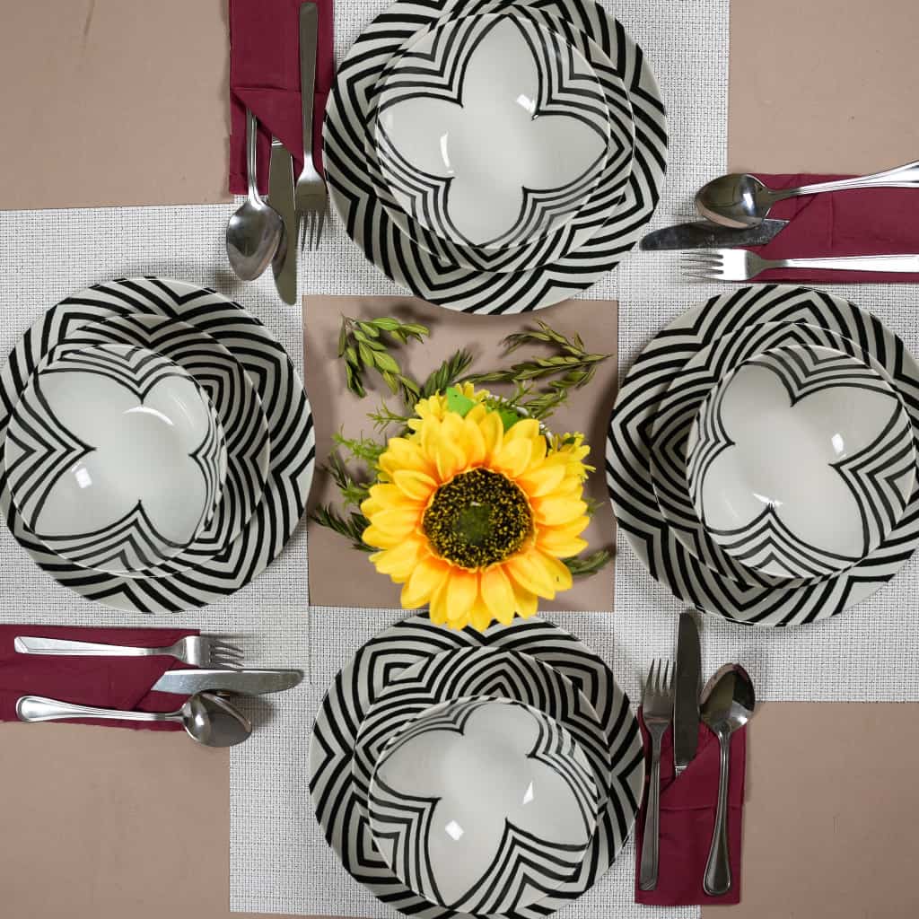 Set de cină pentru 4 persoane, cu bol, rotund, fildeș lucios, decorat cu linii negre