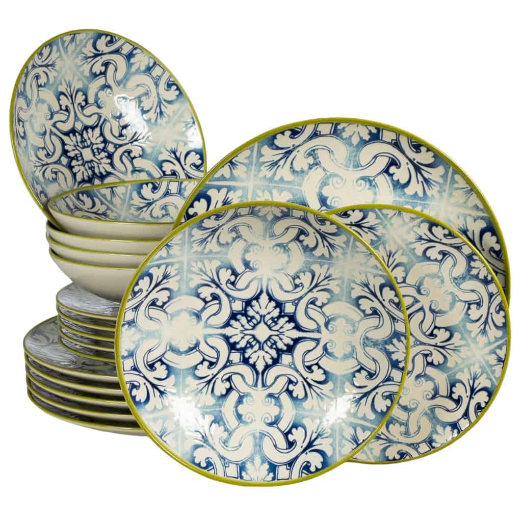 Set de cină pentru 6 persoane, cu farfurie adâncă, rotundă, fildeș lucios, decorată cu design marocan