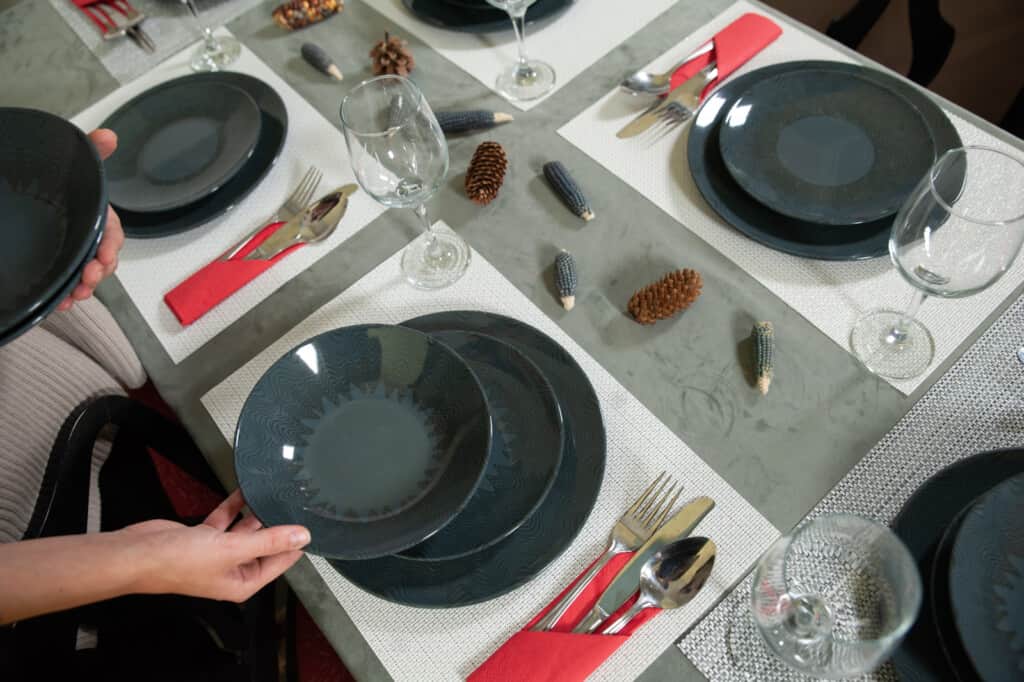 Dinner set for 6 people, Glossy Gray decorated with black Mandala draw