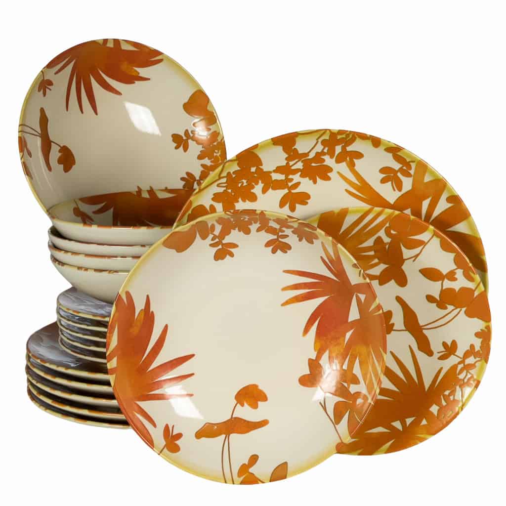 Dinner set for 6 people, with deep plate, Round, Glossy Ivory decorated with orange leaves