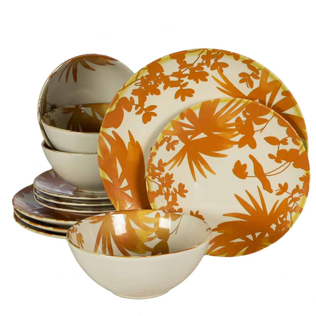 Dinner set for 4 people, with bowl, Round, Glossy Ivory decorated with orange leaves