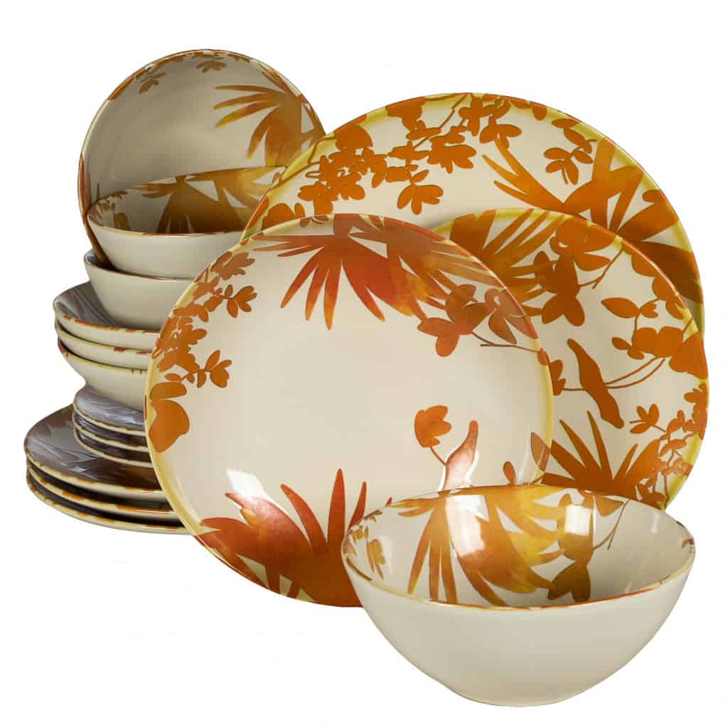 Dinner set for 4 people, with deep plate and bowl, Round, Glossy Ivory decorated with orange leaves