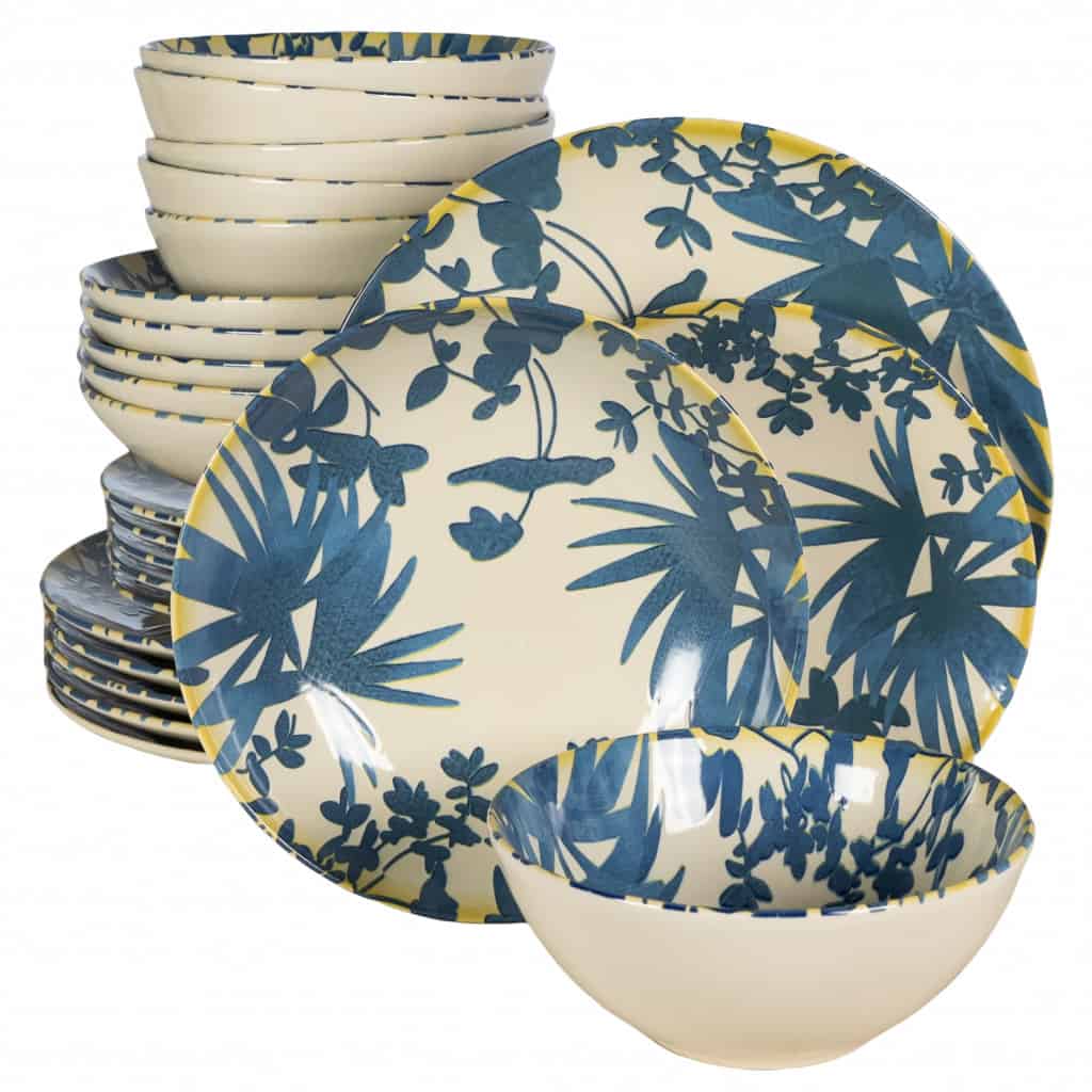 Dinner set for 6 people, with deep plate and bowl, Round, Glossy Ivory decorated with blue leaves