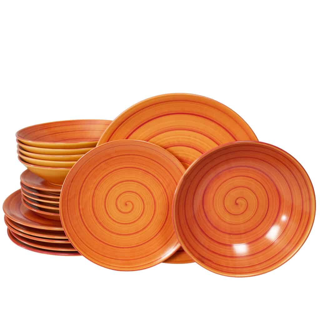 Set de masă pentru 6 persoane, galben lucios, decorat cu spirală portocalie