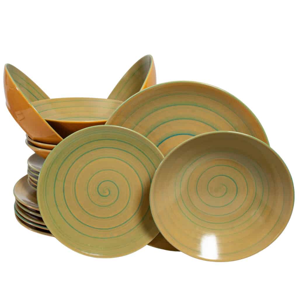 Dinner set for 6 people, Glossy Yellow decorated with light green spiral