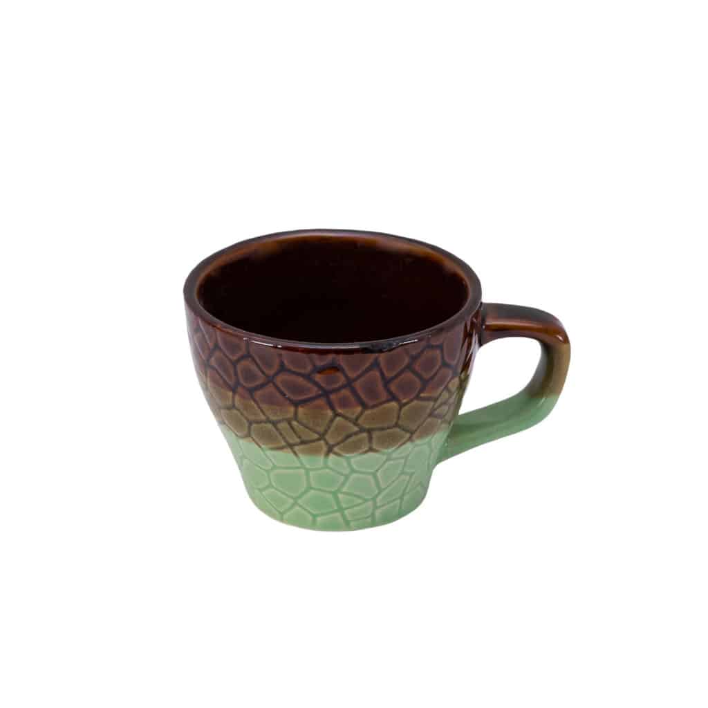 Set of 2 mugs with spoon, 70 ml, Glossy Brown/Green Embossed design