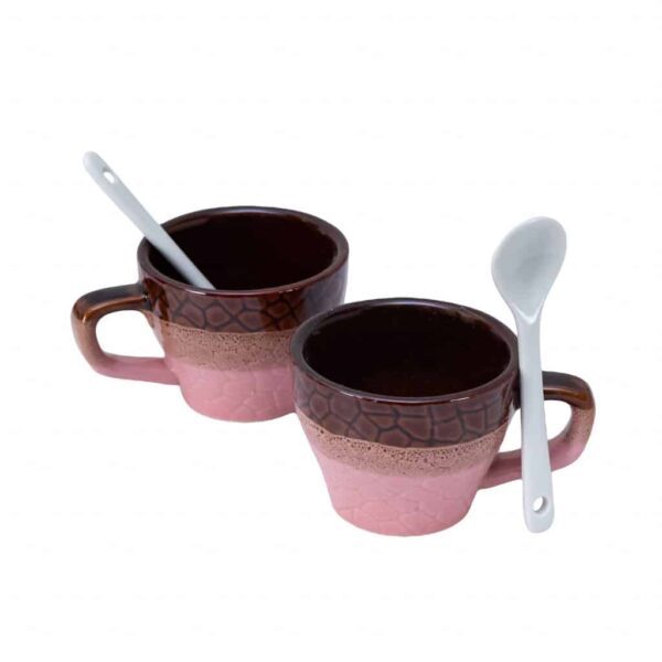 Set of 2 mugs with spoon, 70 ml, Glossy Brown/Pink Embossed design