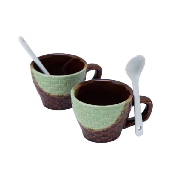 Set of 2 mugs with spoon, 70 ml, Glossy Brown/Green