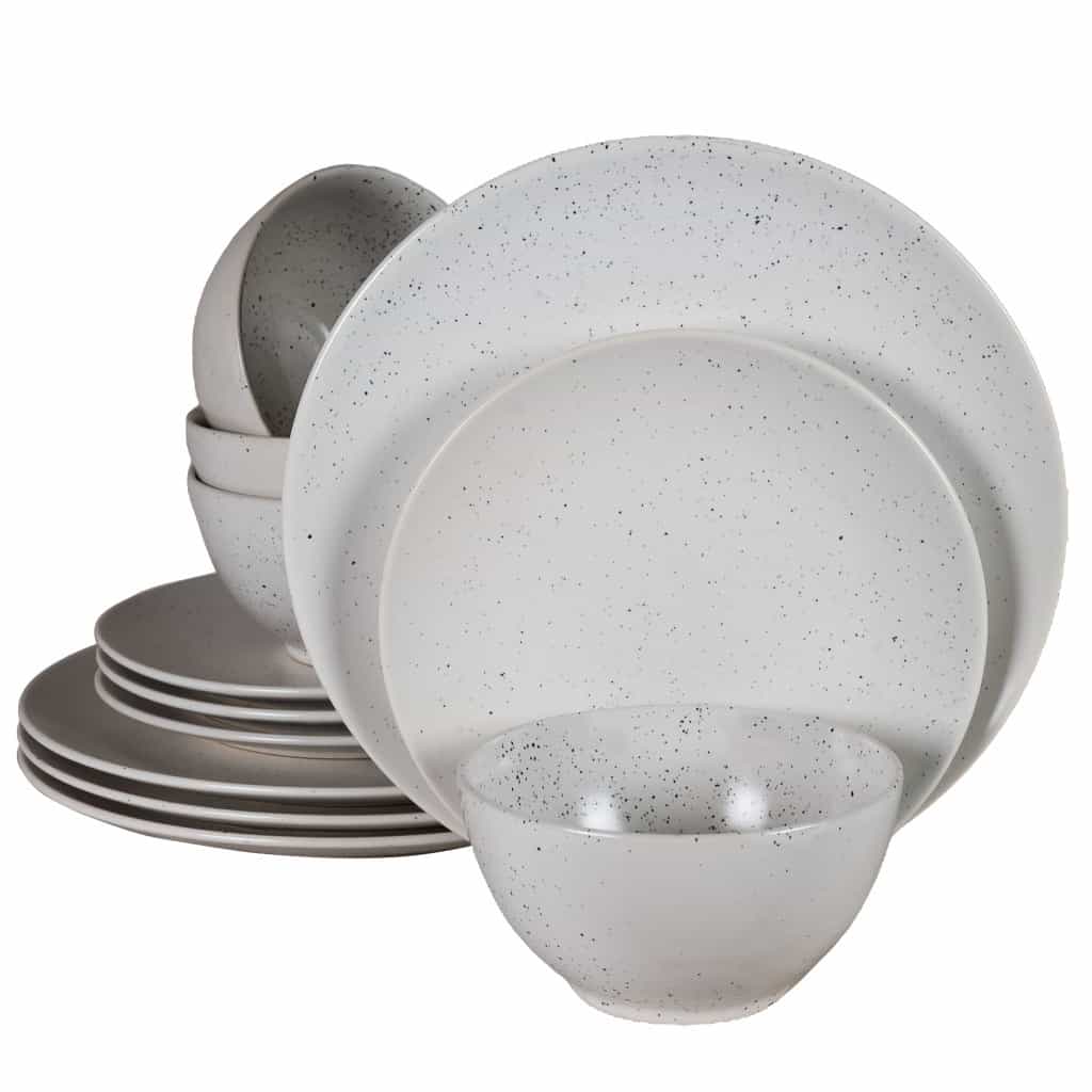 Dinner set for 4 people, with bowls, Round, Matte White with black dots