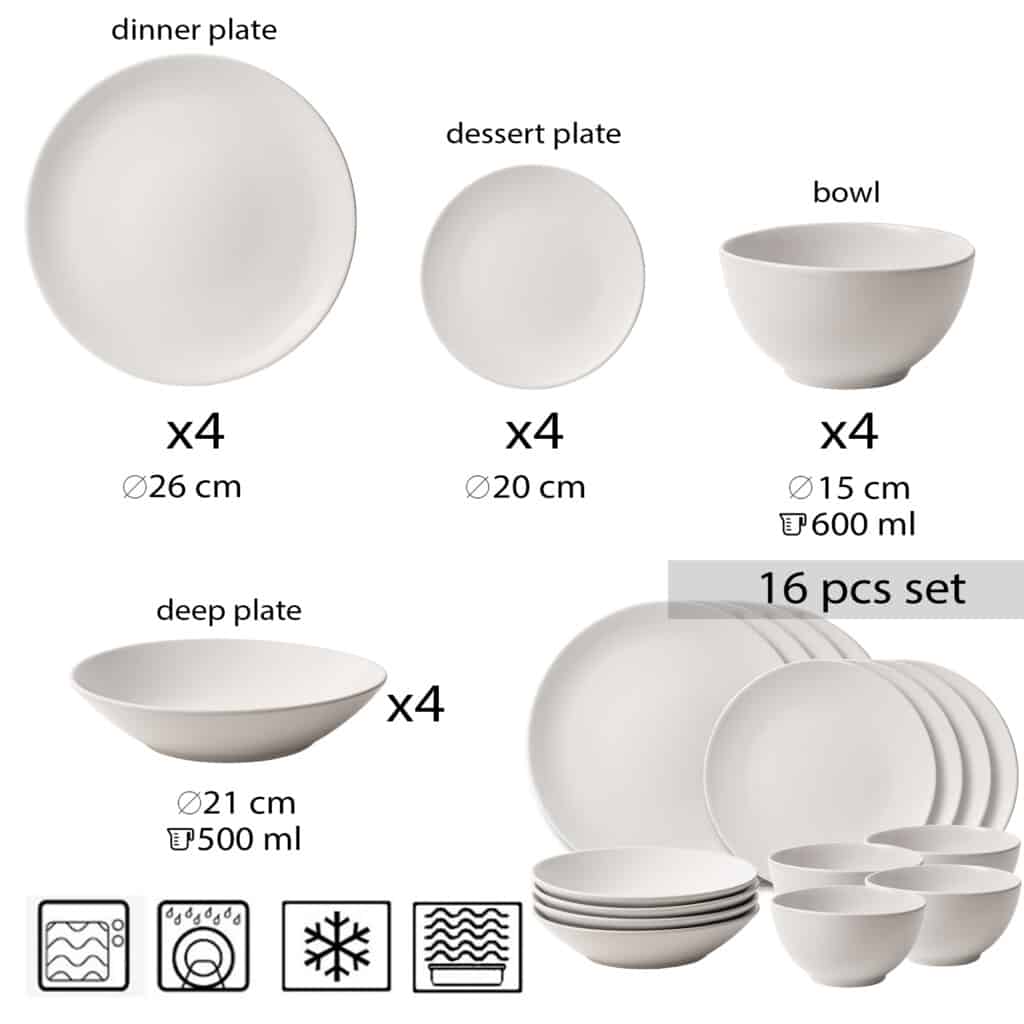 Dinner set for 4 people, with deep plate and bowl, Round, Matte White