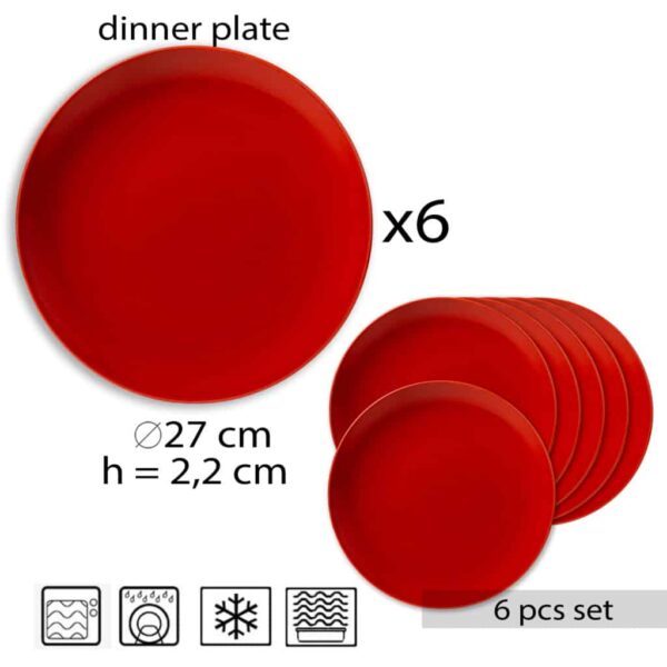 Set de 6 farfurii de masă, rotunde, 26 cm, roșu lucios