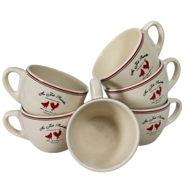 Set of 6 cups, 160 ml, Glossy Ivory decorated with red chicken