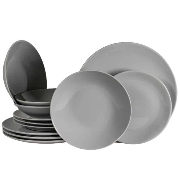 Dinner set for 4 people, with deep plate, Round, Glossy Silver Gray