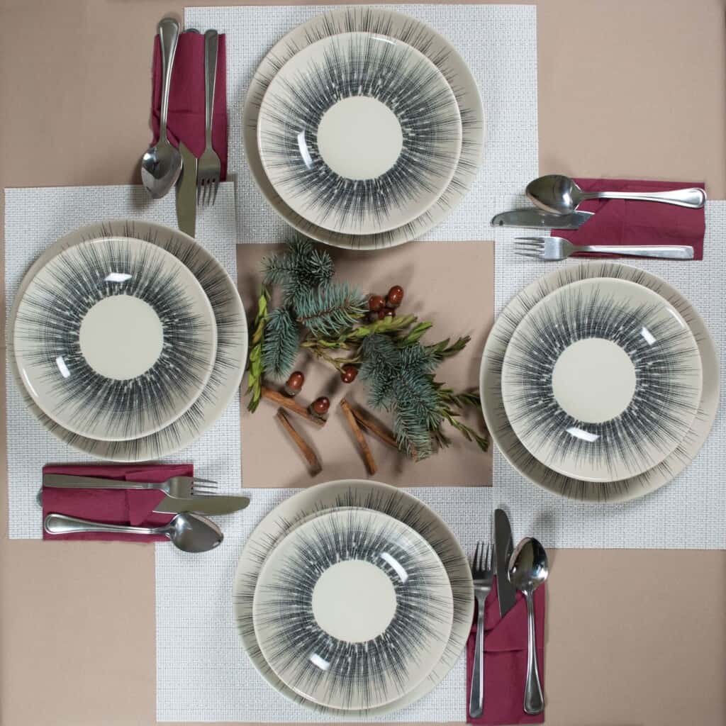 Dinner set for 4 people, with deep plate, Round, Glossy Ivory decorated with black sunshine
