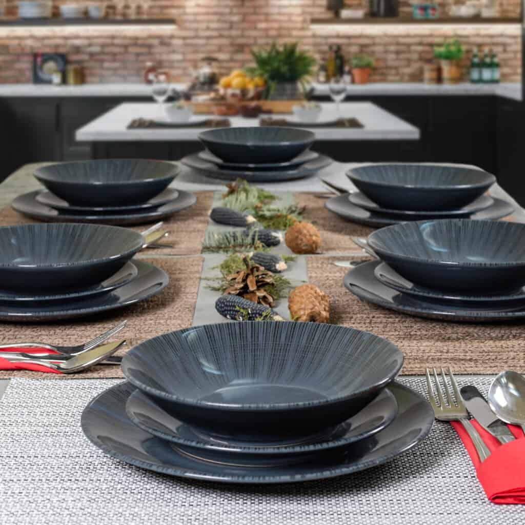 Dinner set for 6 people, with deep plate, Round, Glossy Dark Gray decorated with sunshine