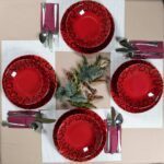 Set de cină pentru 4 persoane, cu farfurie adâncă, rotundă, roșu lucios, decorată cu Pure love