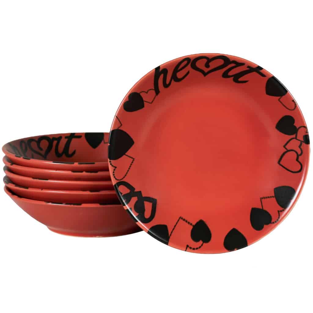 Set of 6 deep plate, Round, 21 cm, Matte Red decorated with Heart