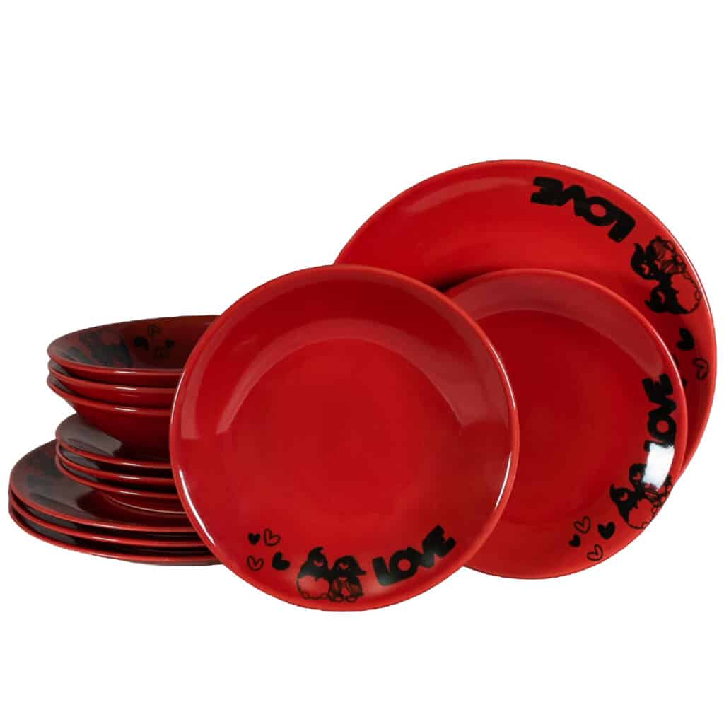 Dinner set for 4 people, with deep plate, Round, Glossy Red decorated with Dwarfs of love