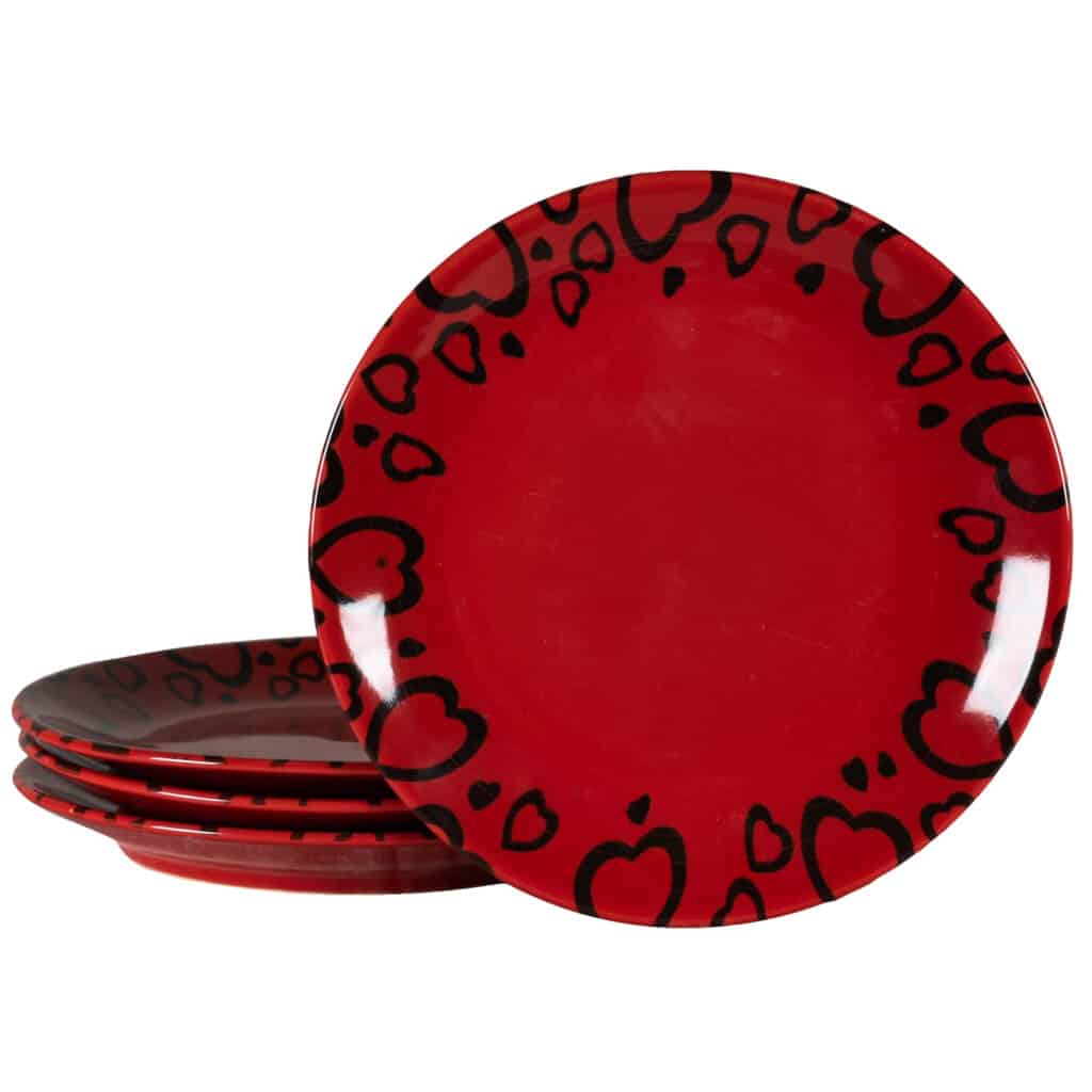 Set de 4 farfurii de desert, rotunde, 20 cm, roșu lucios, decorate cu dragoste pură