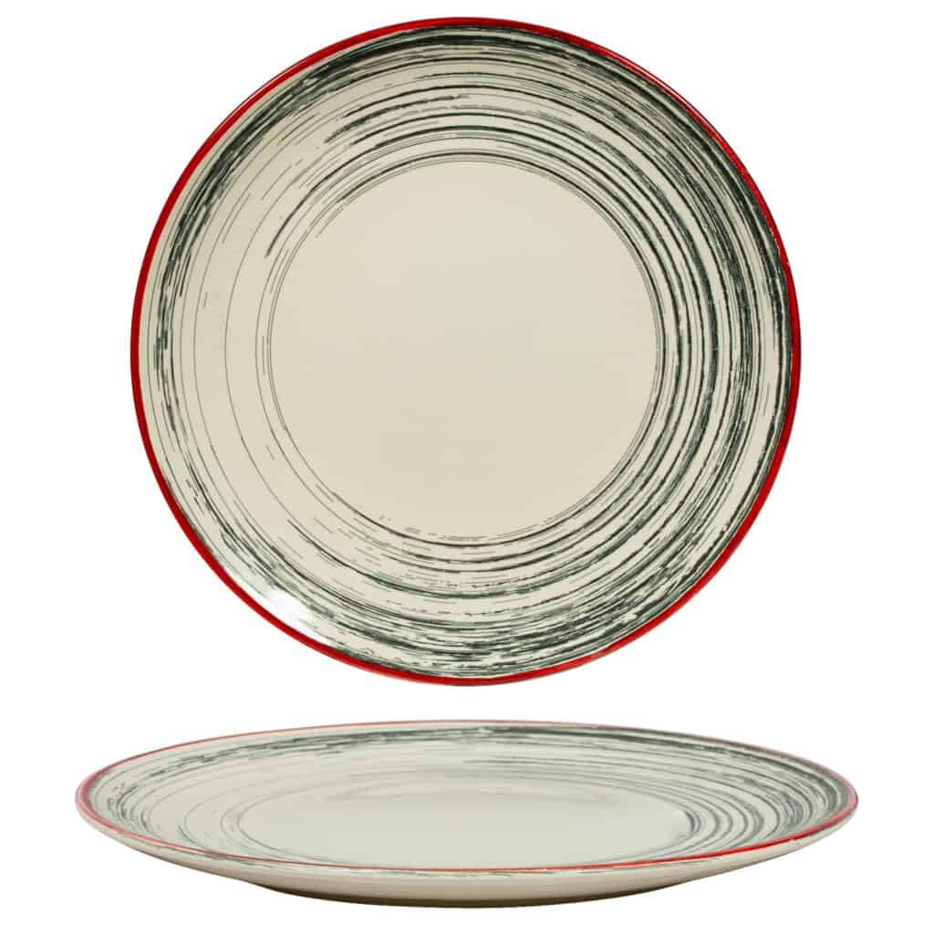 Dinner set for 6 people, Glossy Ivory decorated with broken lines and red edge
