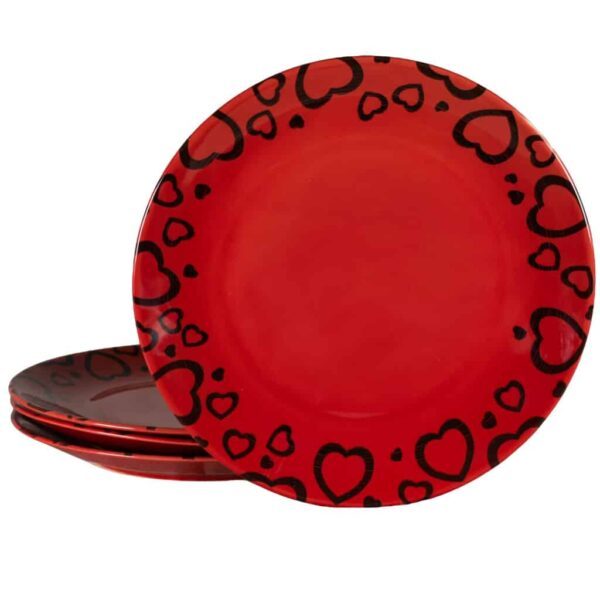 Set de 4 farfurii de masă, rotunde, 26 cm, roșu lucios, decorate cu dragoste pură