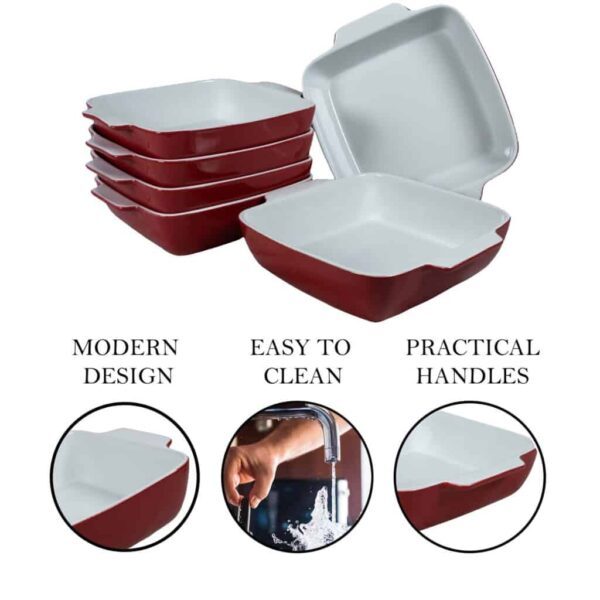 Set of 6 heat-resistant tray, Square, 33x33x7 cm, Glossy White and Red