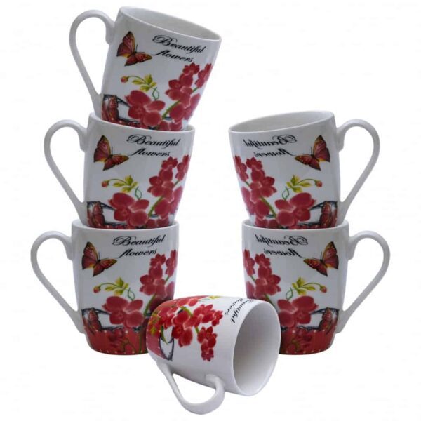 Set of 6 mugs, 310 ml, Glossy White decorated with red flower