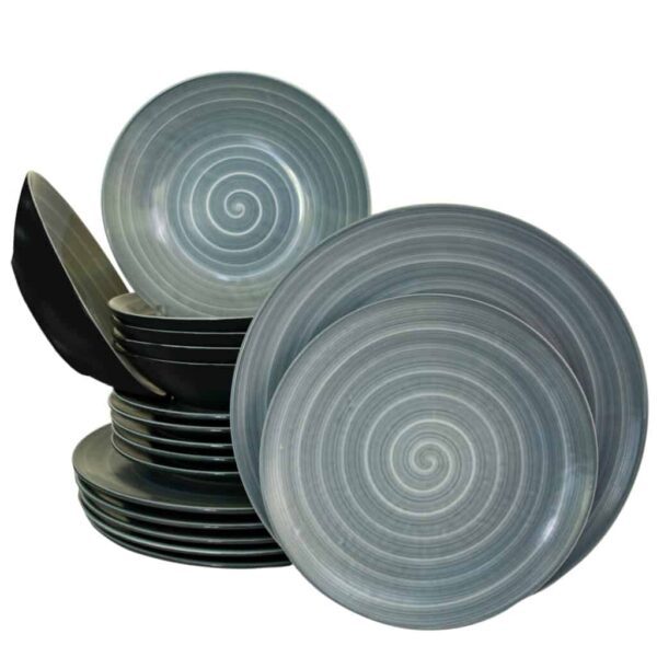 Dinner set for 6 people, Glossy Black decorated with gray spiral