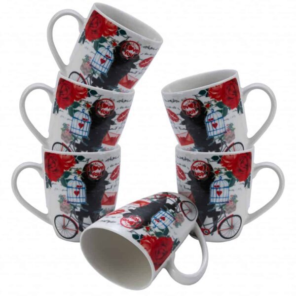 Set of 6 mugs, 280 ml, Glossy White decorated with bicycle and lovers