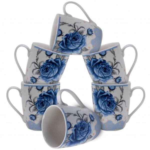 Set de 6 căni, 280 ml, alb lucios, decorate cu trandafir albastru