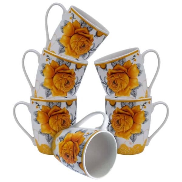 Set of 6 mugs, 280 ml, Glossy White decorated with yellow rose