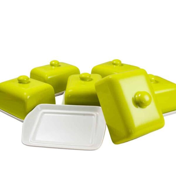 Set of 6 butter holder, 17.5 x 12.5 cm, Glossy White and Green