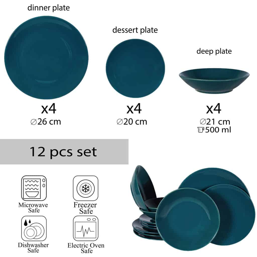 Dinner set for 4 people, with deep plate, Round, Glossy Dark Green