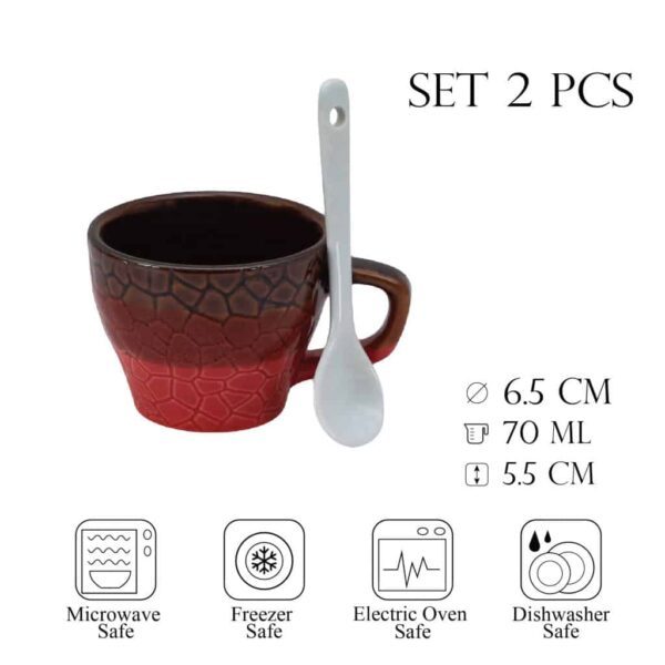 Set of 2 mugs with spoon, 70 ml, Glossy Brown/Red Embossed design