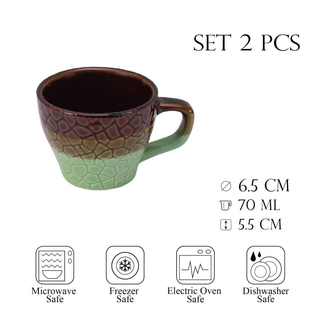 Set of 2 mugs with spoon, 70 ml, Glossy Brown/Green Embossed design