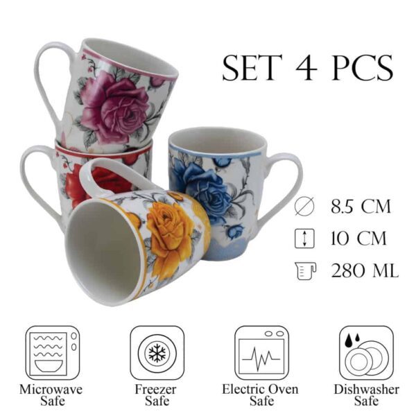 Set of 4 mugs 280 ml, Glossy White decorated with colored flowers
