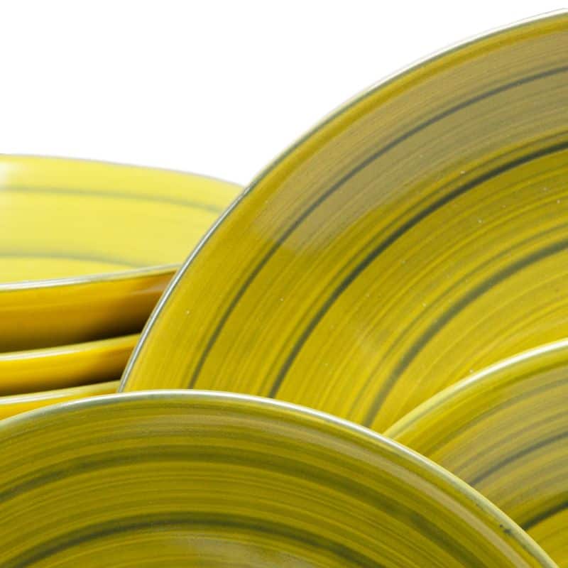 Dinner set for 6 people, Glossy Yellow decorated with neon green spiral