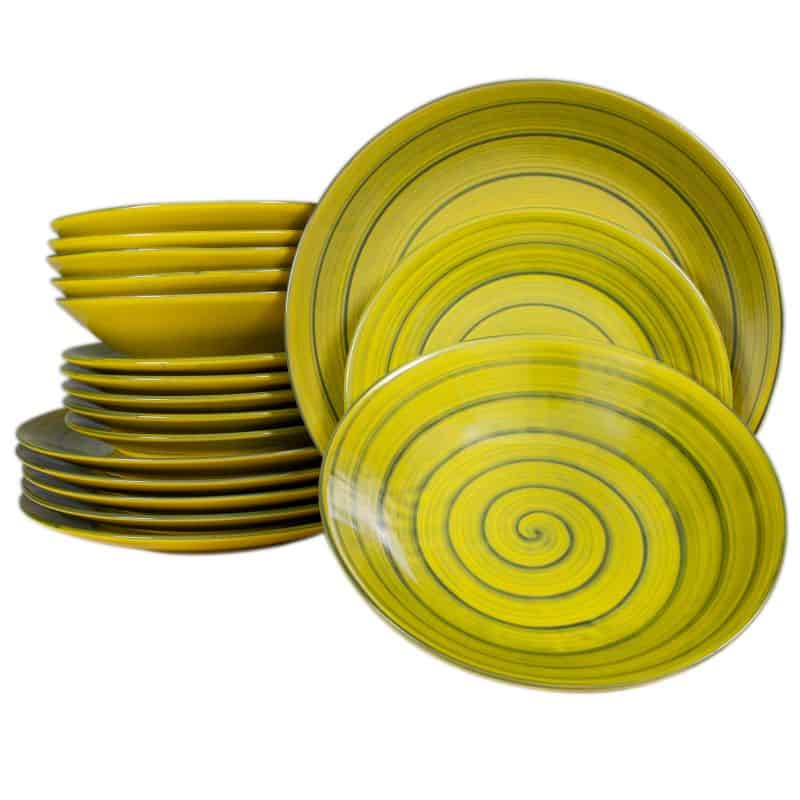 Dinner set for 6 people, Glossy Yellow decorated with neon green spiral