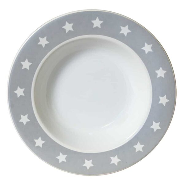 Deep Plate, Round, 22 cm, Glossy White decorated with gray ribbon and stars