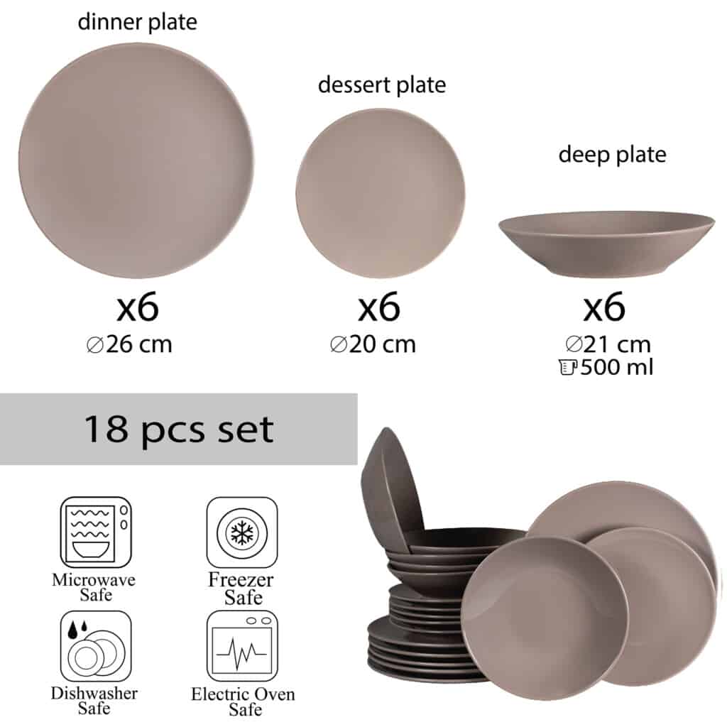 Dinner set for 6 people, with deep plate, Round, Glossy Silver Brown