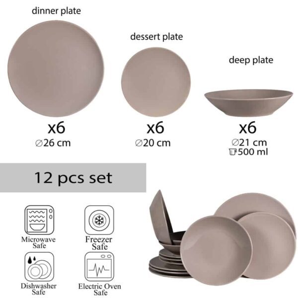 Dinner set for 4 people, with deep plate, Round, Glossy Silver Brown