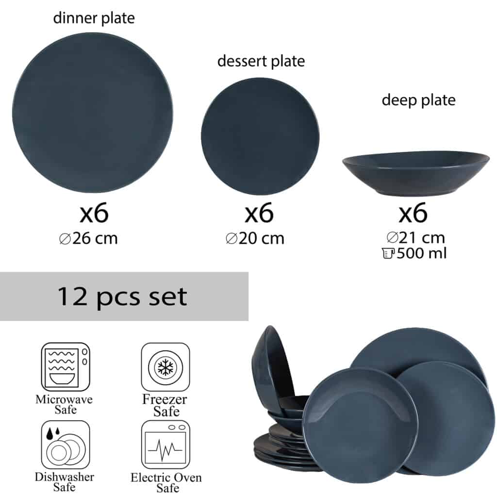 Dinner set for 4 people, with deep plate, Round, Glossy Anthracite Gray