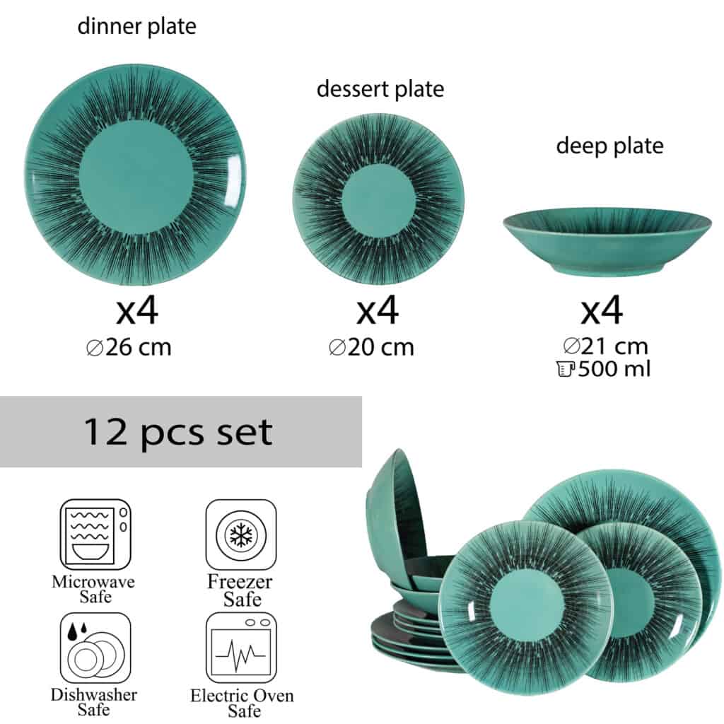 Dinner set for 4 people, with deep plate, Round, Glossy Turquoise decorated with sunshine