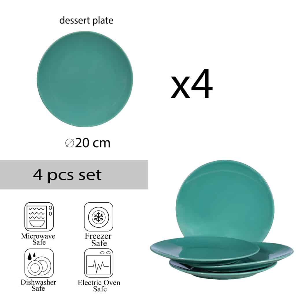 Set of 4 dessert plate, Round, 20 cm, Glossy Turquoise