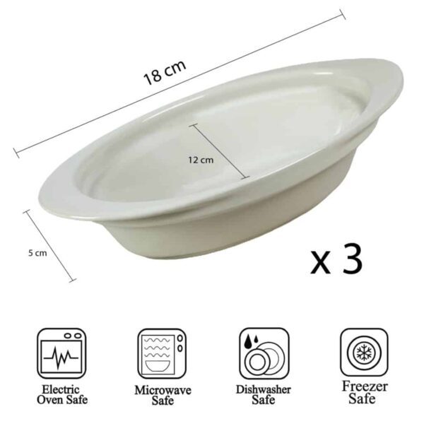 Set of 3 heat-resistant tray, Oval, 18x12x5 cm, Glossy White