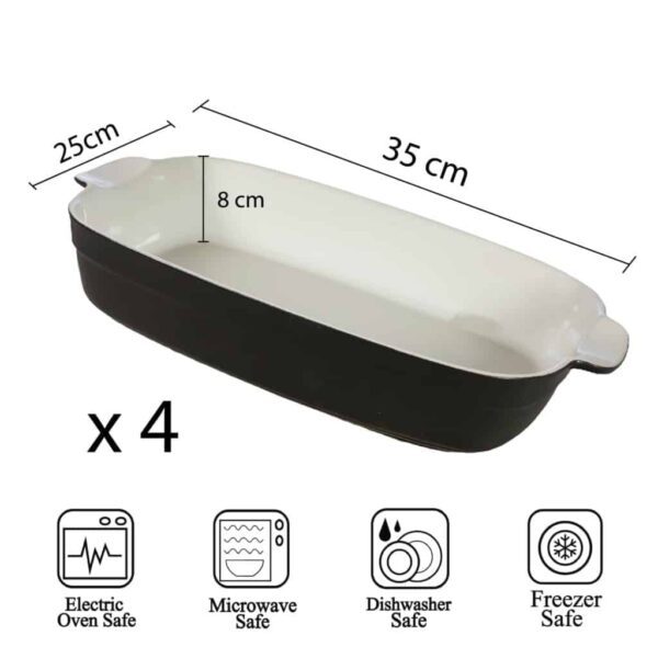 Set of 4 heat-resistant tray, Oval, 35x25x8 cm, Glossy White and Black