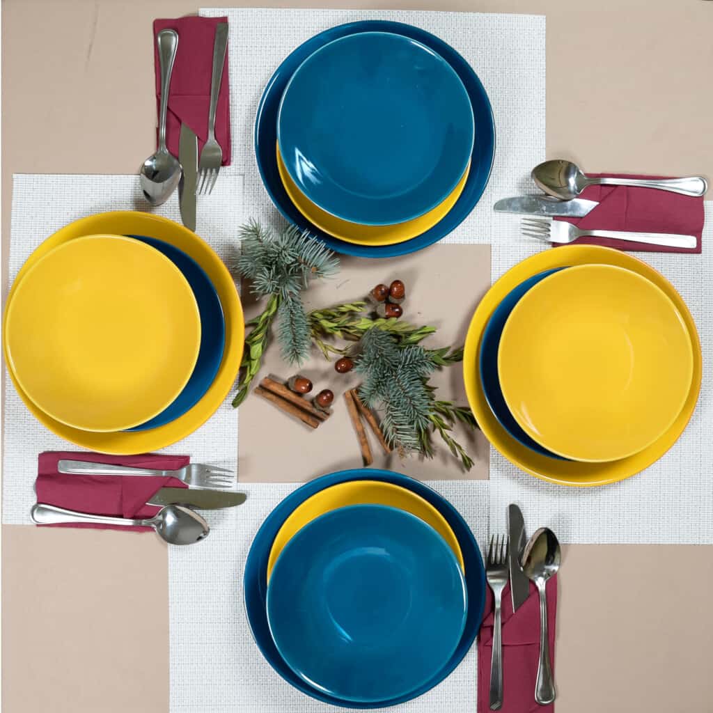 Set de masă pentru 4 persoane, cu farfurie adâncă, rotundă, galben/albastru lucios
